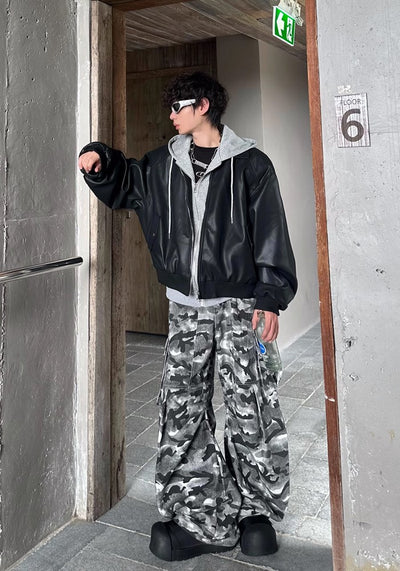 【MARTHENAUT】Dark monotone camouflage color design wide cargo pants  MH0039