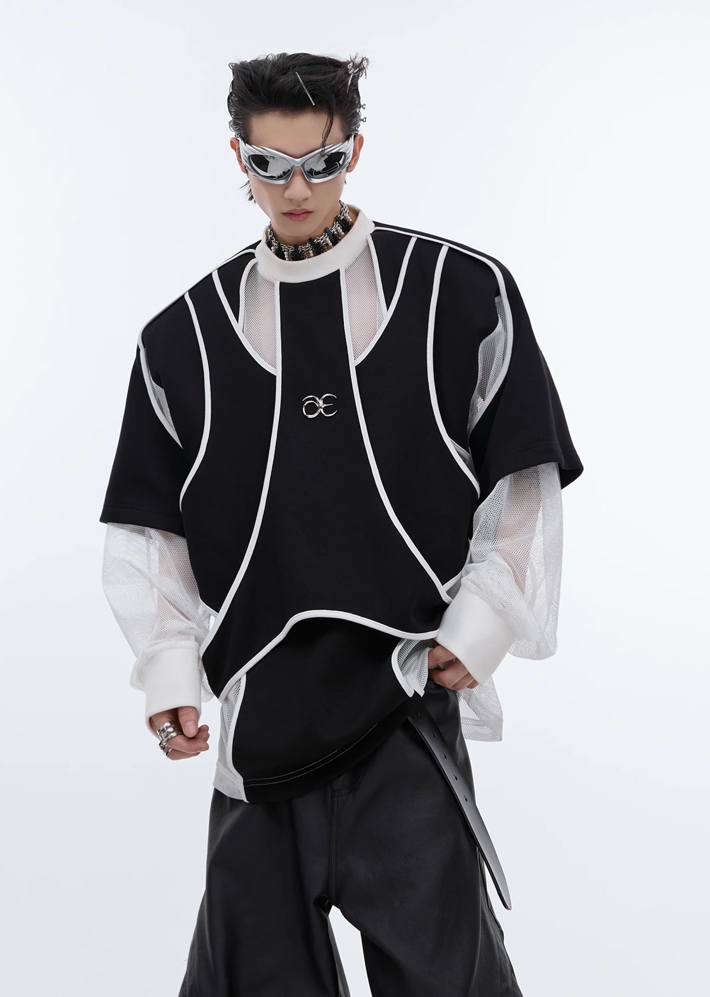 【Culture E】Gimmick countless line design monotone color layered long sleeve T-shirt  CE0150