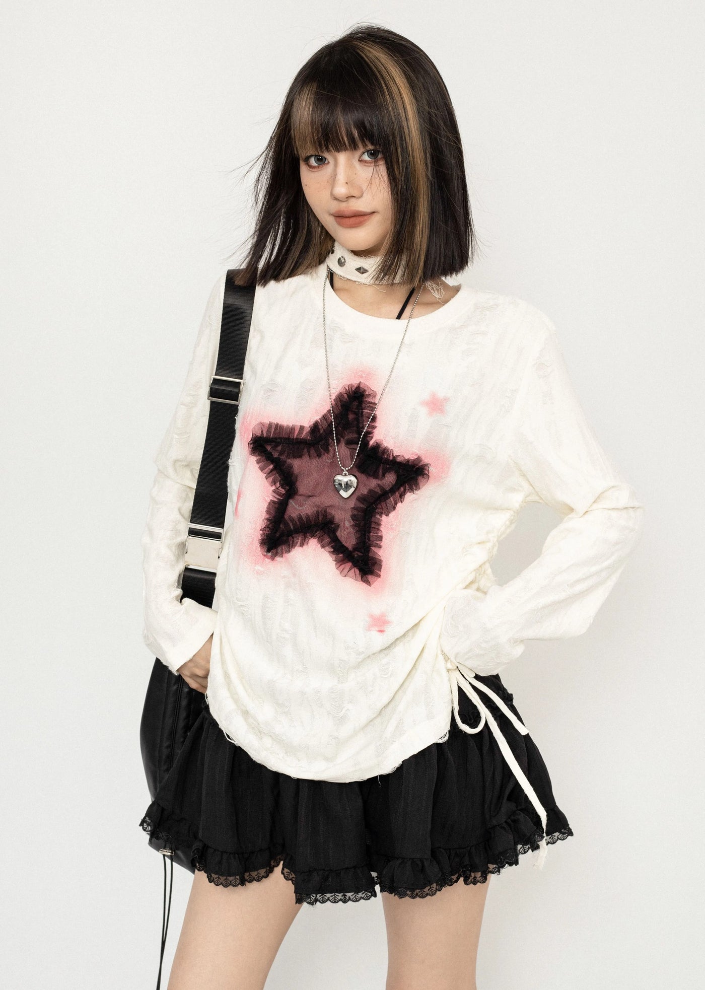 【ZERO STORE】Grunge dull star design messy long sleeve T-shirt  ZS0048