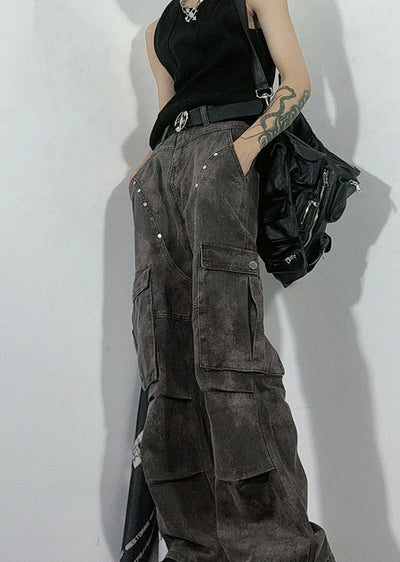 [76street] Dull grunge style vintage processed slim cargo denim pants ST0003