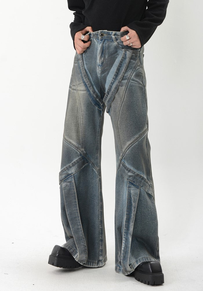 【LUCE GARMENT】Full line design dark dull design wide flare denim pants  LG0059