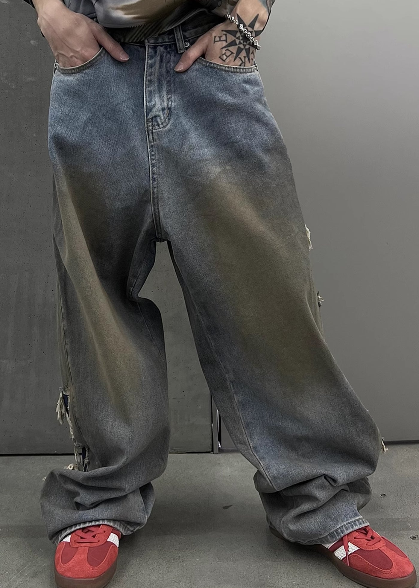 【SOULWORKER】Dull wash finish soil stain color wide denim pants  SW0023