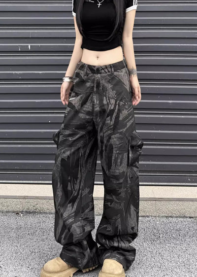 【W3】Dark camouflage design wide straight silhouette pants  WO0076