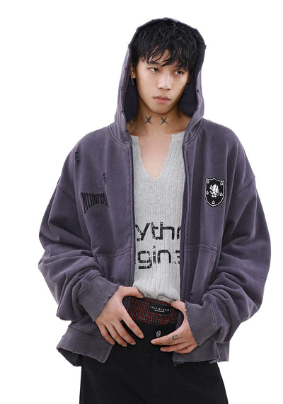 【MR nearly】Dull base color mid-length design damaged full zip hoodie  MR0142