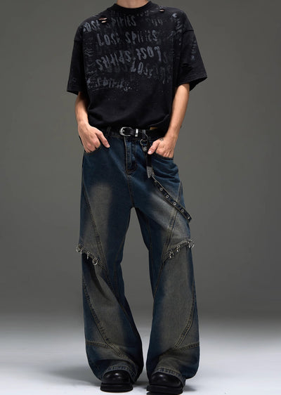 【MAXDSTR】Single suspender design random wash wide denim pants  MD0171