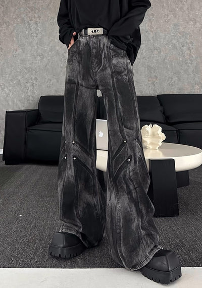 【MARTHENAUT】Random wash dark black flared wide denim pants  MH0043