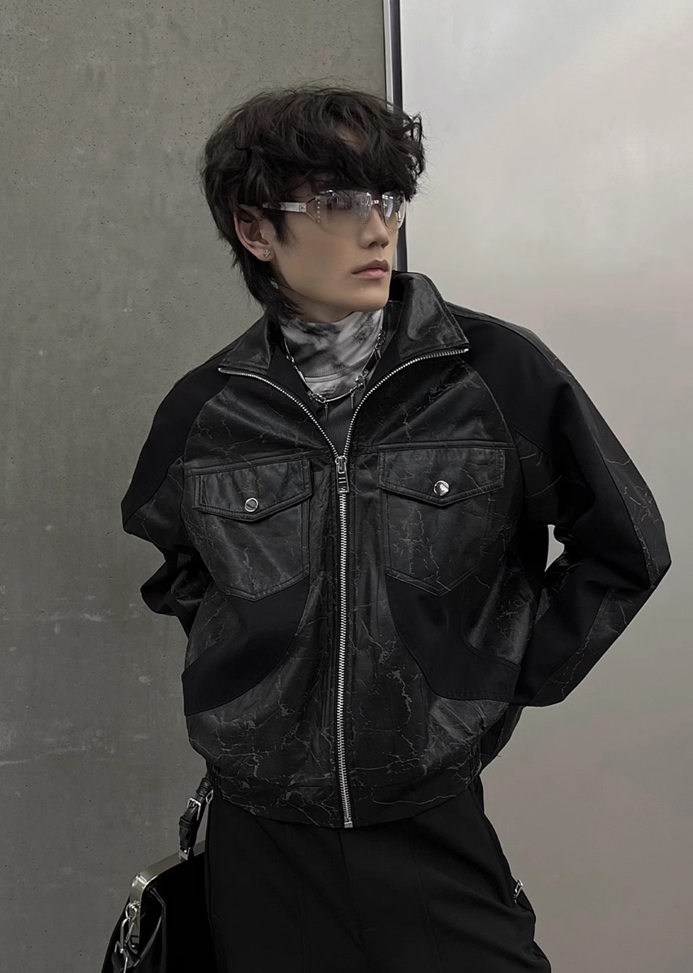 【SOULWORKER】Black Gimmick Leather Wide Full Zip Jacket Outerwear  SW0019