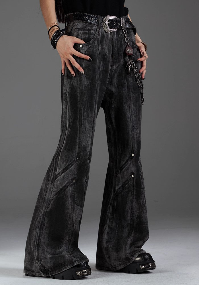 【NOMANIAI 】Dull black color wide flare silhouette design denim pants  NA0006