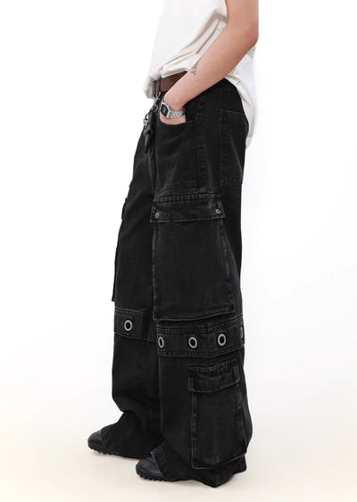 【MR nearly】Multiple gimmick design belt and pocket cover denim pants  MR0130