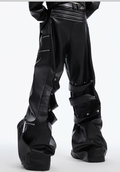 【Culture E】High-level gimmick silhouette leather design wide pants  CE0153