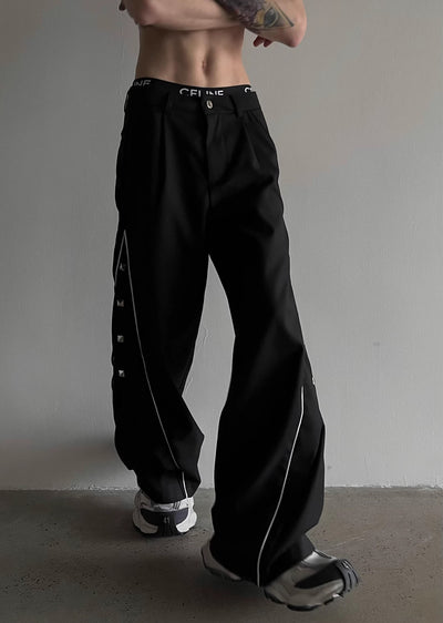 【SOULWORKER】Side line and patch design monochrome wide pants  SW0012