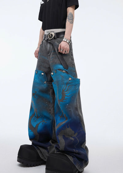 【Culture E】Blue flame design on hem area Brightly colored dull denim pants  CE0127