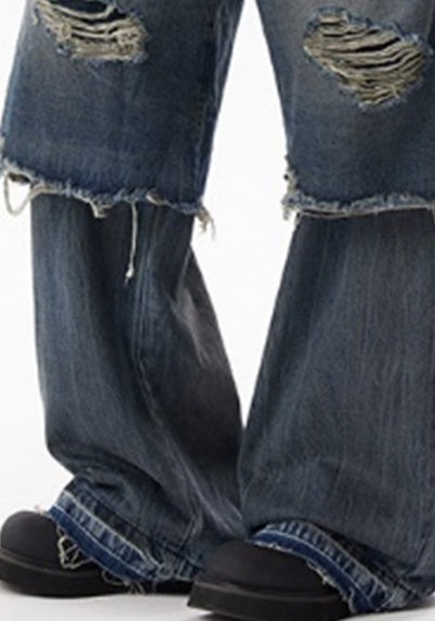 【H GANG X】Mid-length distressed half-docking layered style denim pants  HX0102