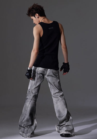 【NOMANIAI 】Tuck design white base color flare straight denim pants  NA0003