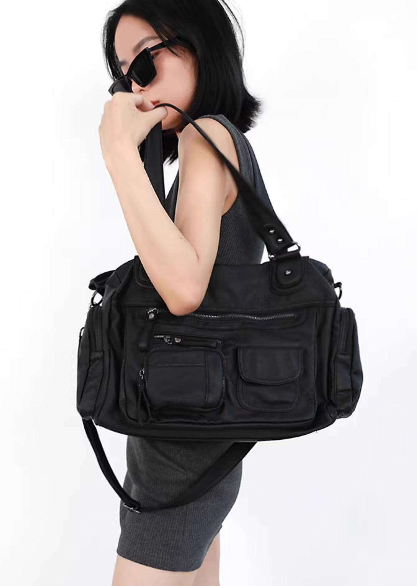 Big silhouette grunge black color faux leather bag  HL3075