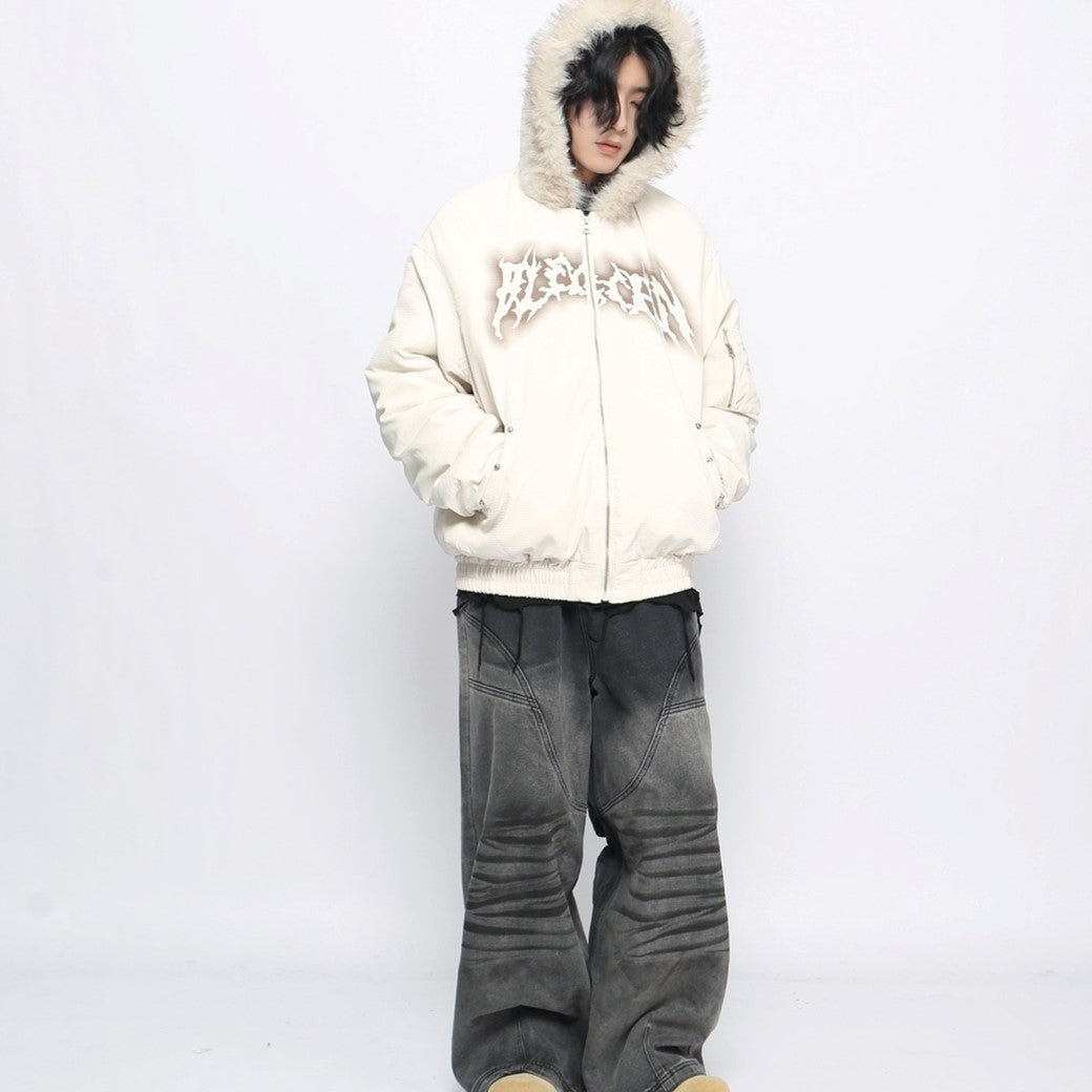 【Mz】Bad Devil Initial Design Fur Hoodie Full Zip Jacket  MZ0043