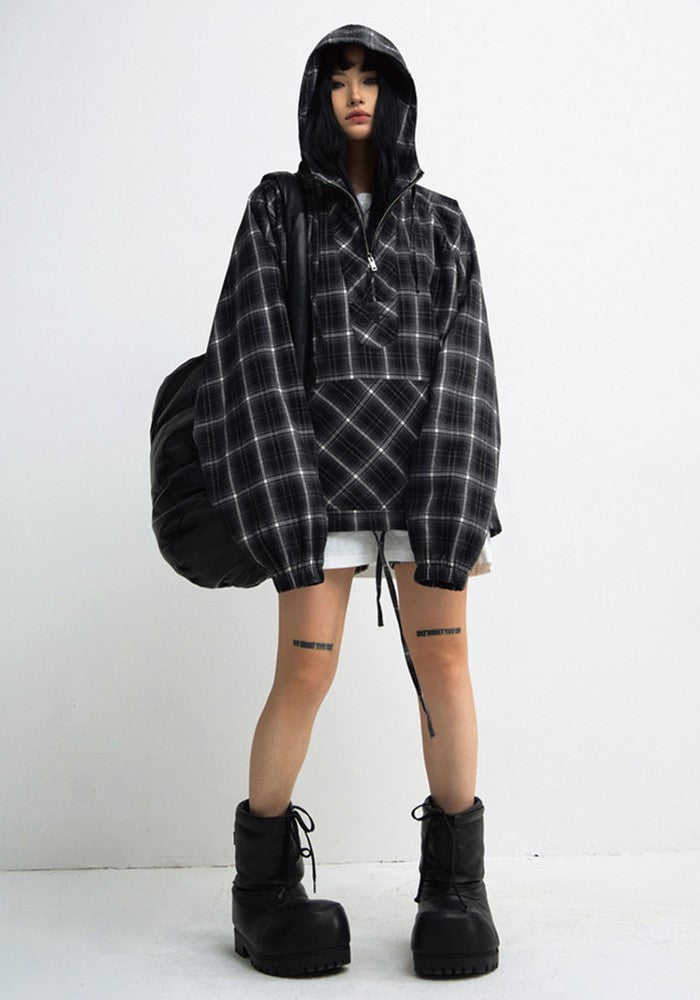 【People Style】Regular dark base color check design half zip hoodie  PS0049