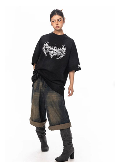 【BLACK BB】Subculture front initial design monotone short sleeve T-shirt  BK0019