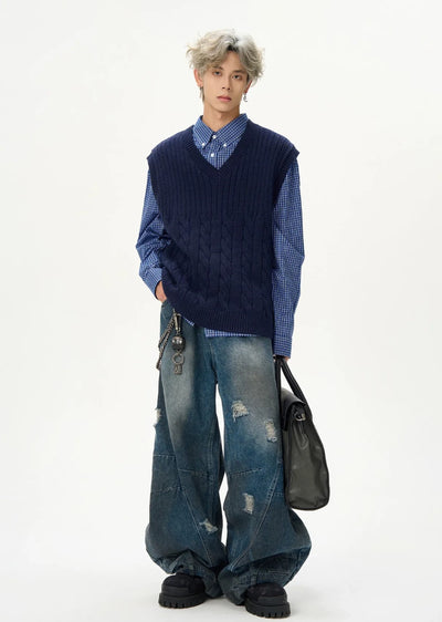 【MAXDSTR】Waffle knit design basic color over vest  MD0174