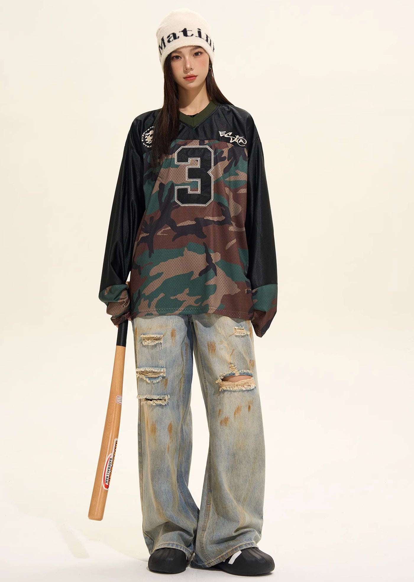 【H GANG X】Front number initial camouflage bicolor design long sleeve T-shirt  HX0078