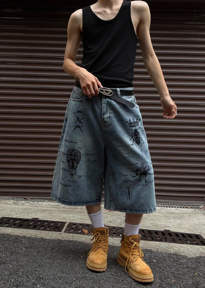 [MAXDSTR] Mid-distressed grunge-style half-silhouette denim pants MD0148
