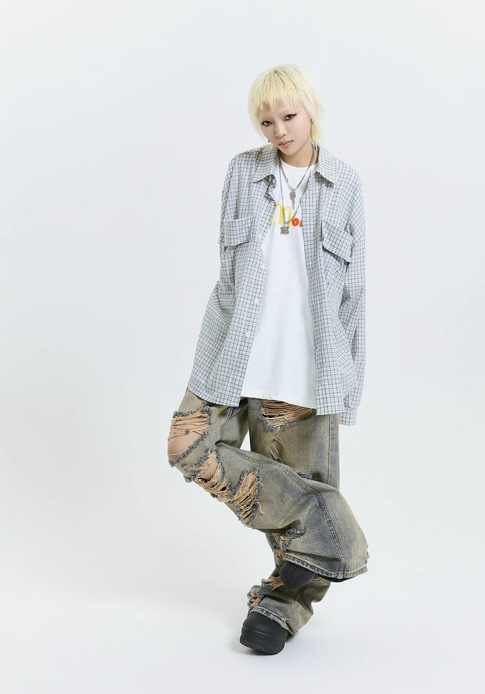 【MICHINNYON】Grunge style blue distressed wide broad denim pants MY0006 ...