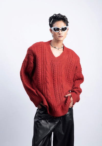 【PLAN1ONE】Simple baseline design V-neck silhouette knit sweater  PL0050