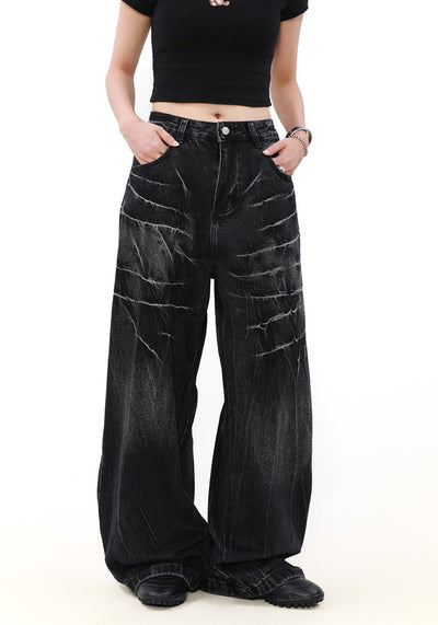 【MR nearly】Cracked distressed wash black wide denim pants  MR0146