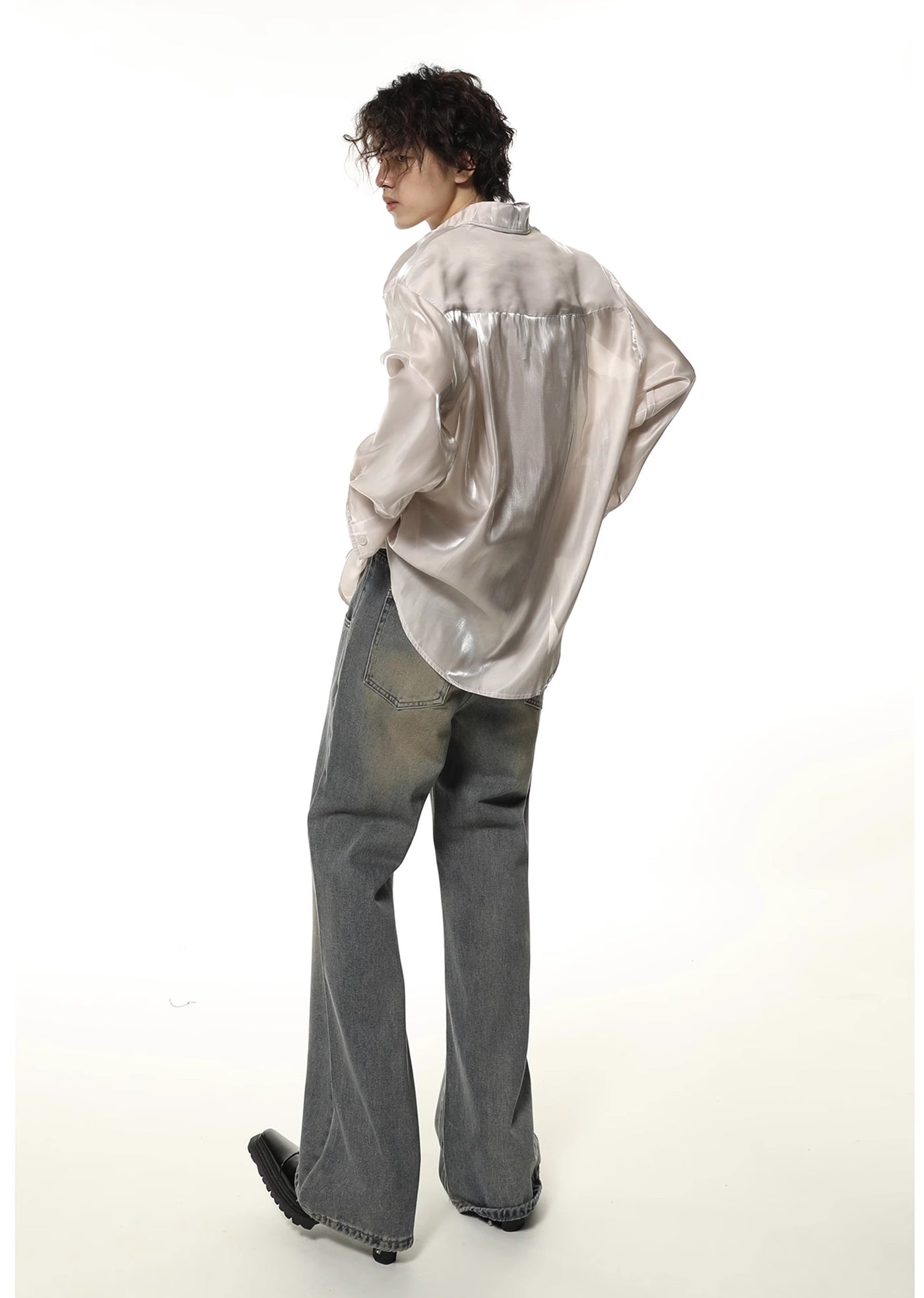 【Future Boy】Glossy design loose silhouette mind long sleeve shirt  FB0005