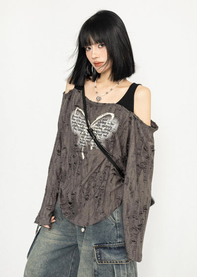 【ZERO STORE】Grunge butterfly design distressed knee cut sweater  ZS0044