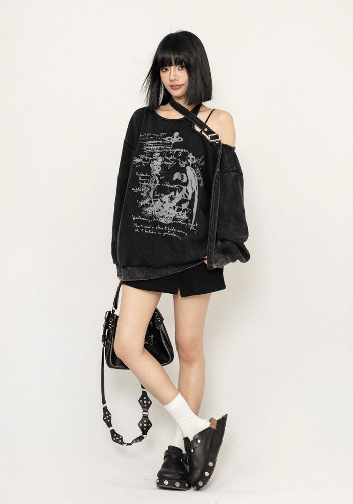 【ZERO STORE】Grunge dull dark black knee-cut design long sleeve shirt  ZS0064