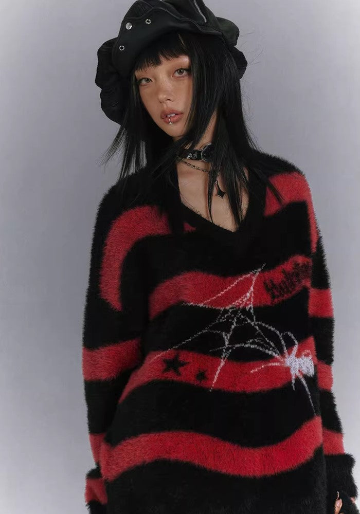 【YUKAHOUSE 】Subculture style spider design red border knit  YO0013