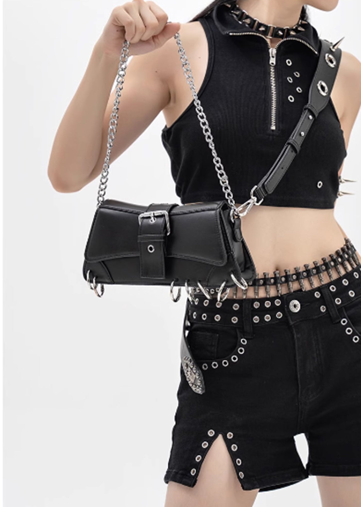 【Antiphase】Subculture silver square small silhouette black bag  AP0004