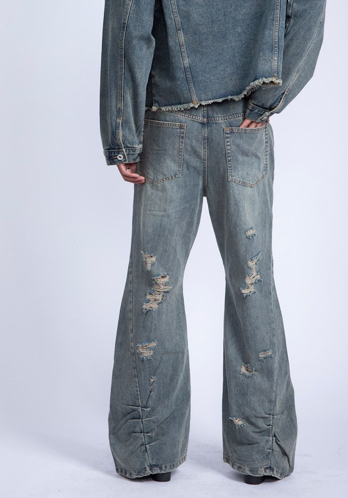 【PLAN1ONE】Grunge scattered distressed vintage style flared denim pants  PL0043