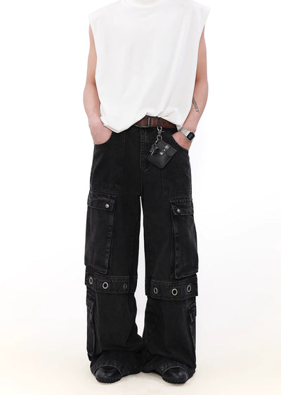 【MR nearly】Multiple gimmick design belt and pocket cover denim pants  MR0130