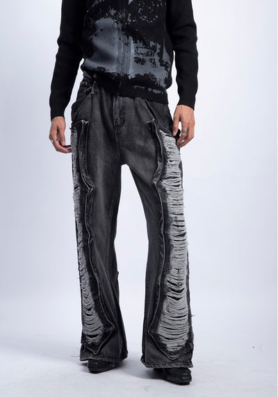 【PLAN1ONE】Side damage processing gimmick design wide straight denim pants  PL0038