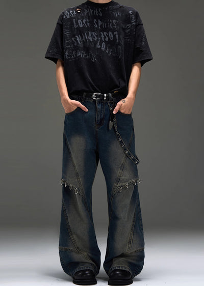 【MAXDSTR】Single suspender design random wash wide denim pants  MD0171