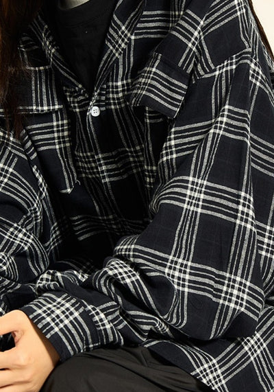 【H GANG X】Basic gray color check pattern design loose long sleeve shirt  HX0094