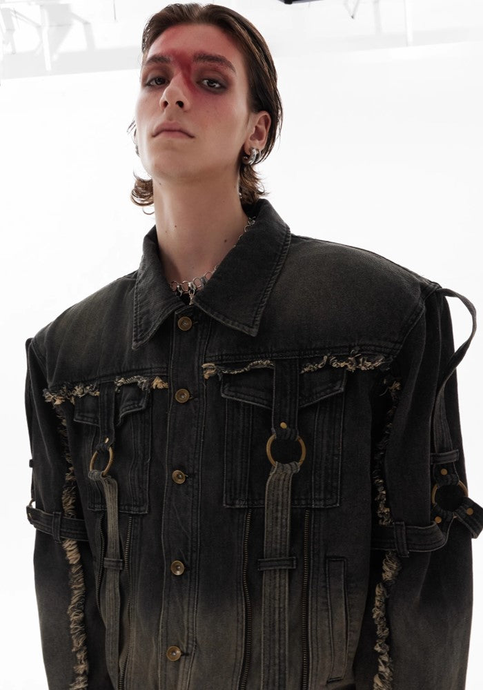 【Culture E】Washed distressed gimmick silhouette design denim jacket  CE0159