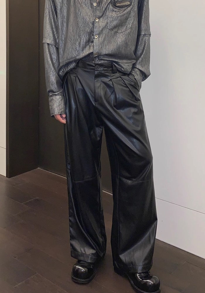 【CUIBUJU】Glossy design wide straight silhouette leather pants  CB0050