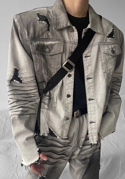 【SHUNP】Random stain wash double color design denim jacket  SP0008