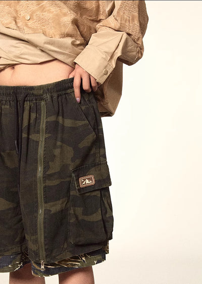 【BLACK BB】Unique full zip design camouflage pattern half silhouette pants  BK0040