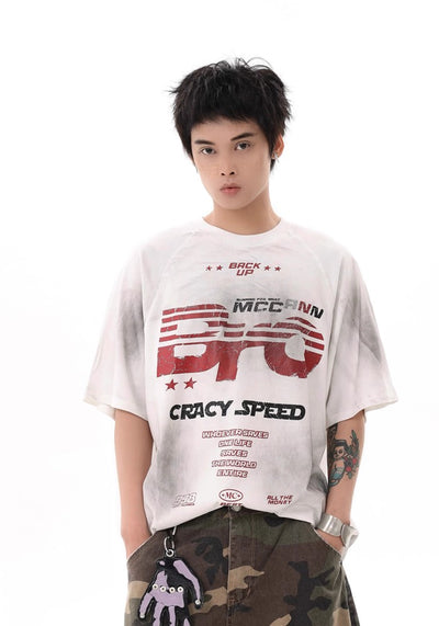 【BTSG】Grunge-style wash initial design oversized short-sleeved T-shirt  BS0026