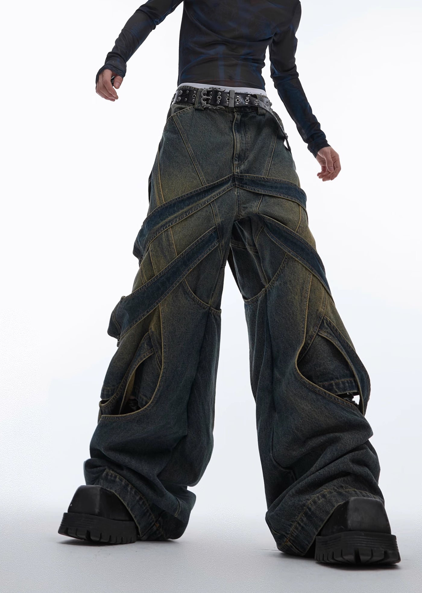 【Culture E】Dull wash cross infinity design denim wide pants  CE0146