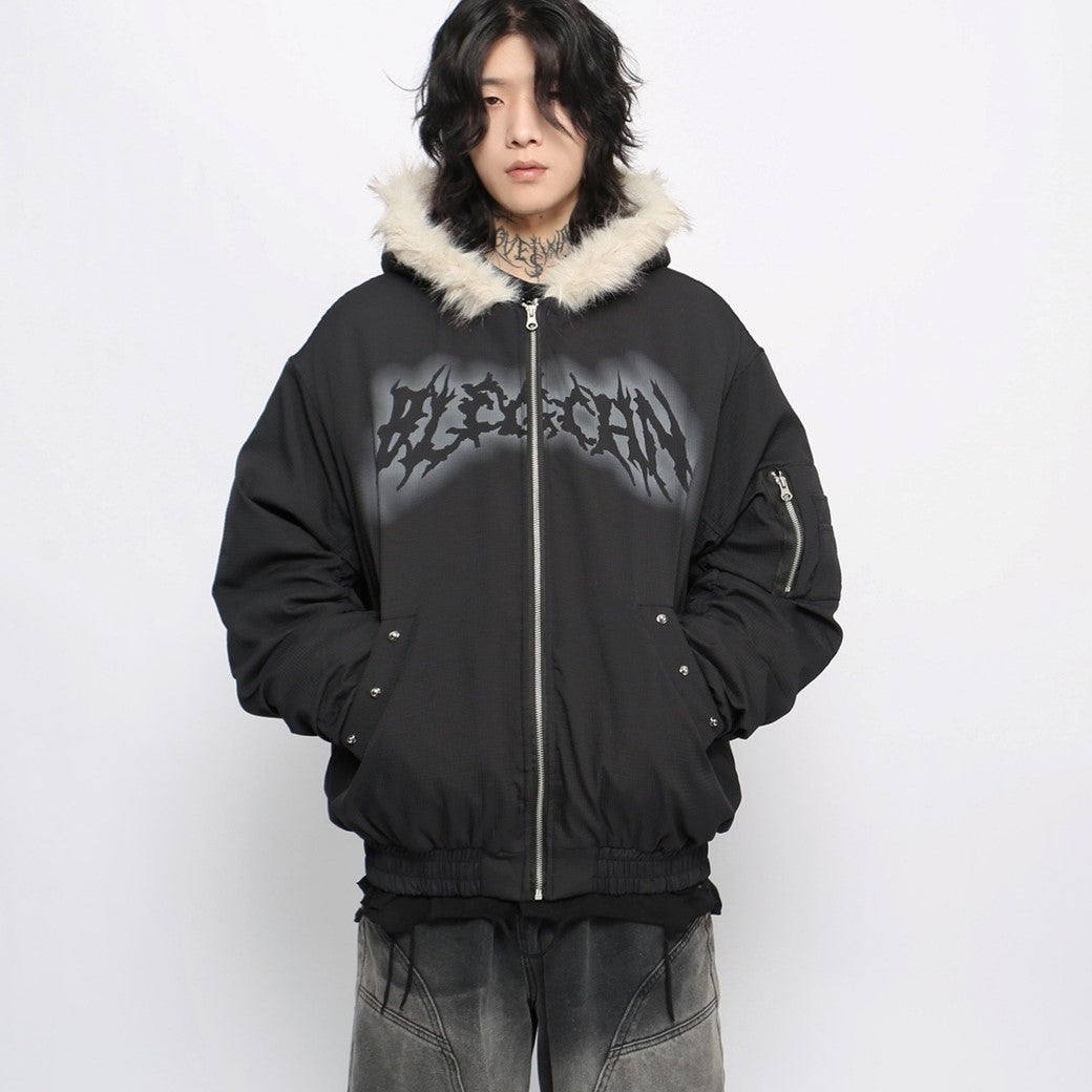 【Mz】Bad Devil Initial Design Fur Hoodie Full Zip Jacket  MZ0043