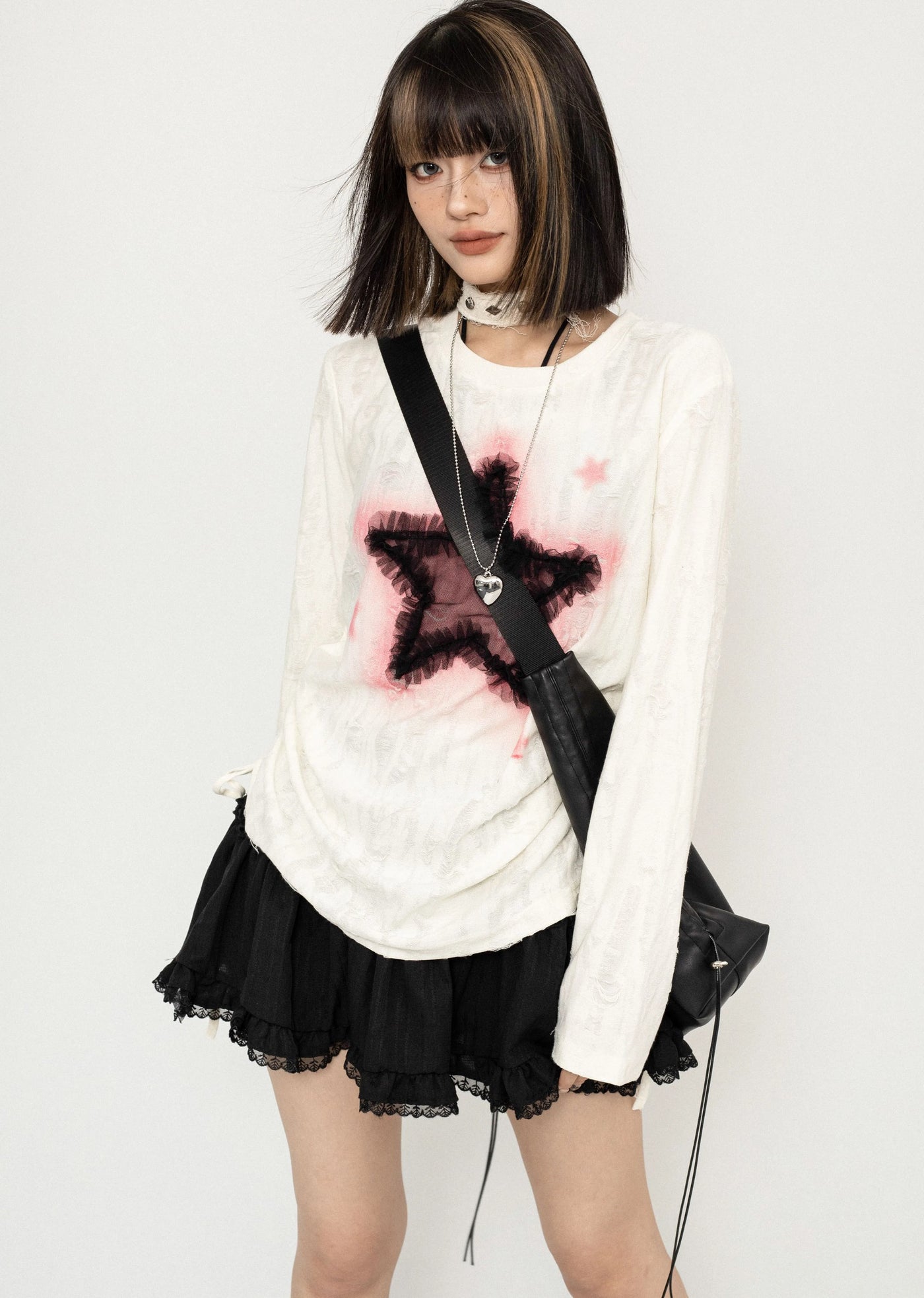 【ZERO STORE】Grunge dull star design messy long sleeve T-shirt  ZS0048