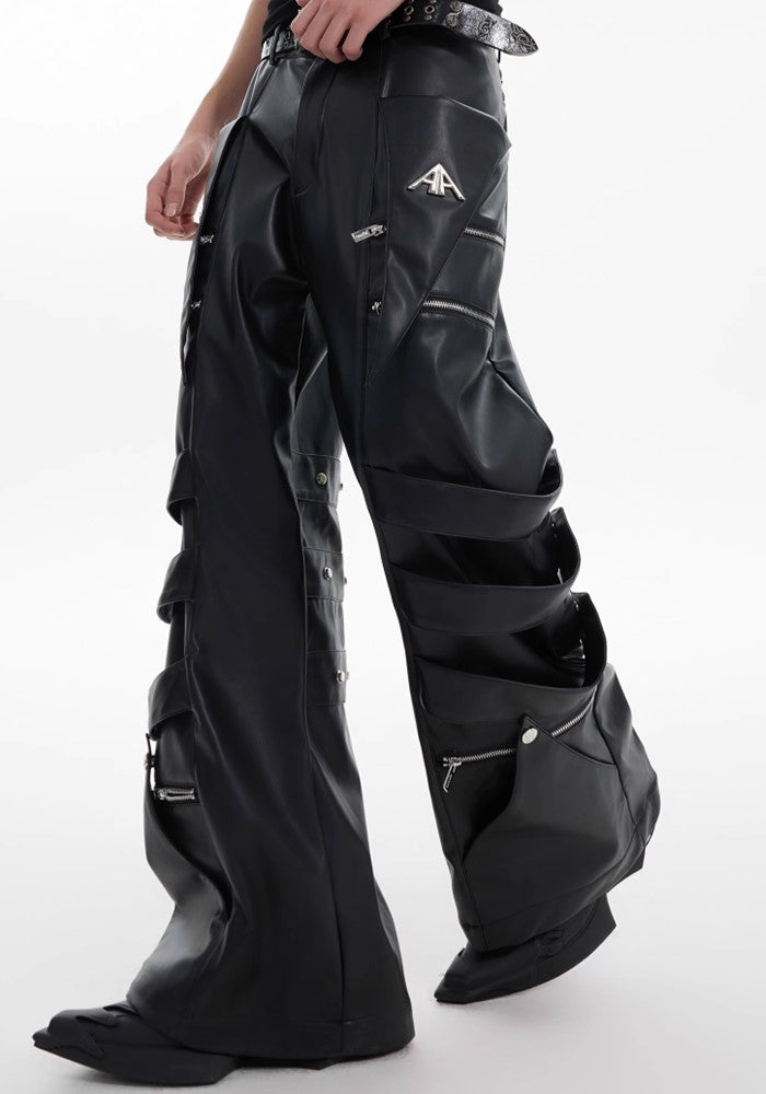 【Culture E】High-level gimmick silhouette leather design wide pants  CE0153