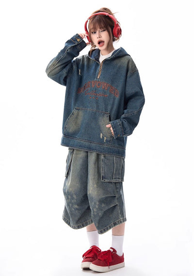 【H GANG X】Double-wash vintage denim overdesign hoodie  HX0087