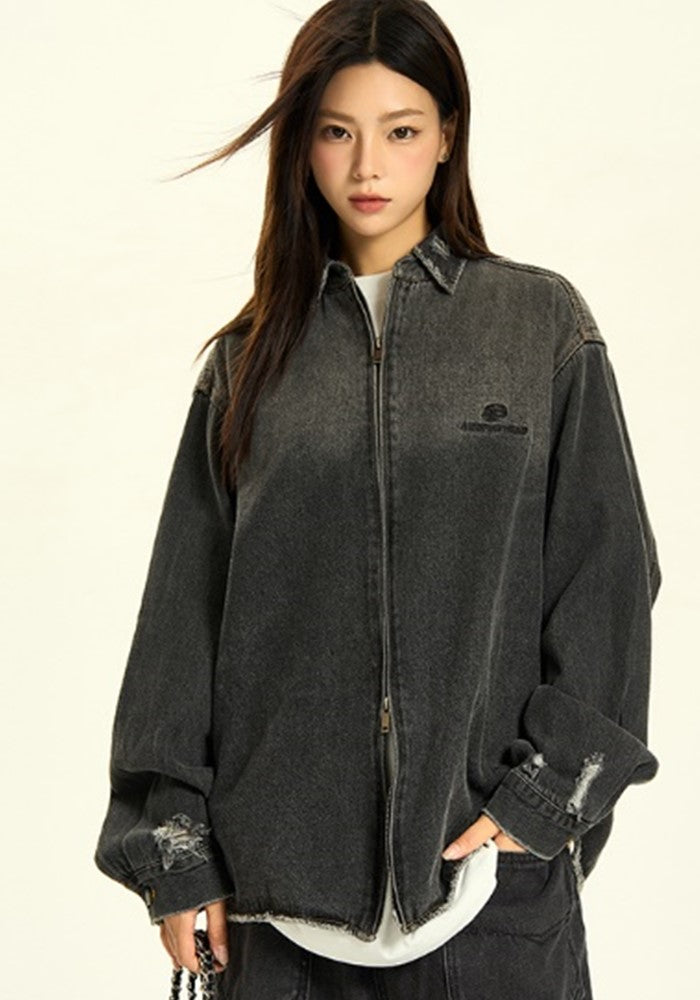 【H GANG X】Gradient black color basic style denim jacket  HX0095