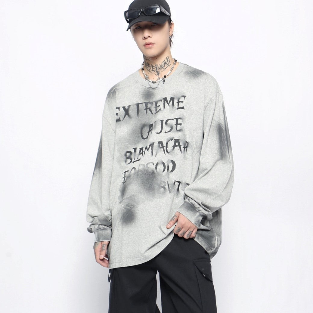 【Mz】Random wash front initial design over long sleeve T-shirt  MZ0049